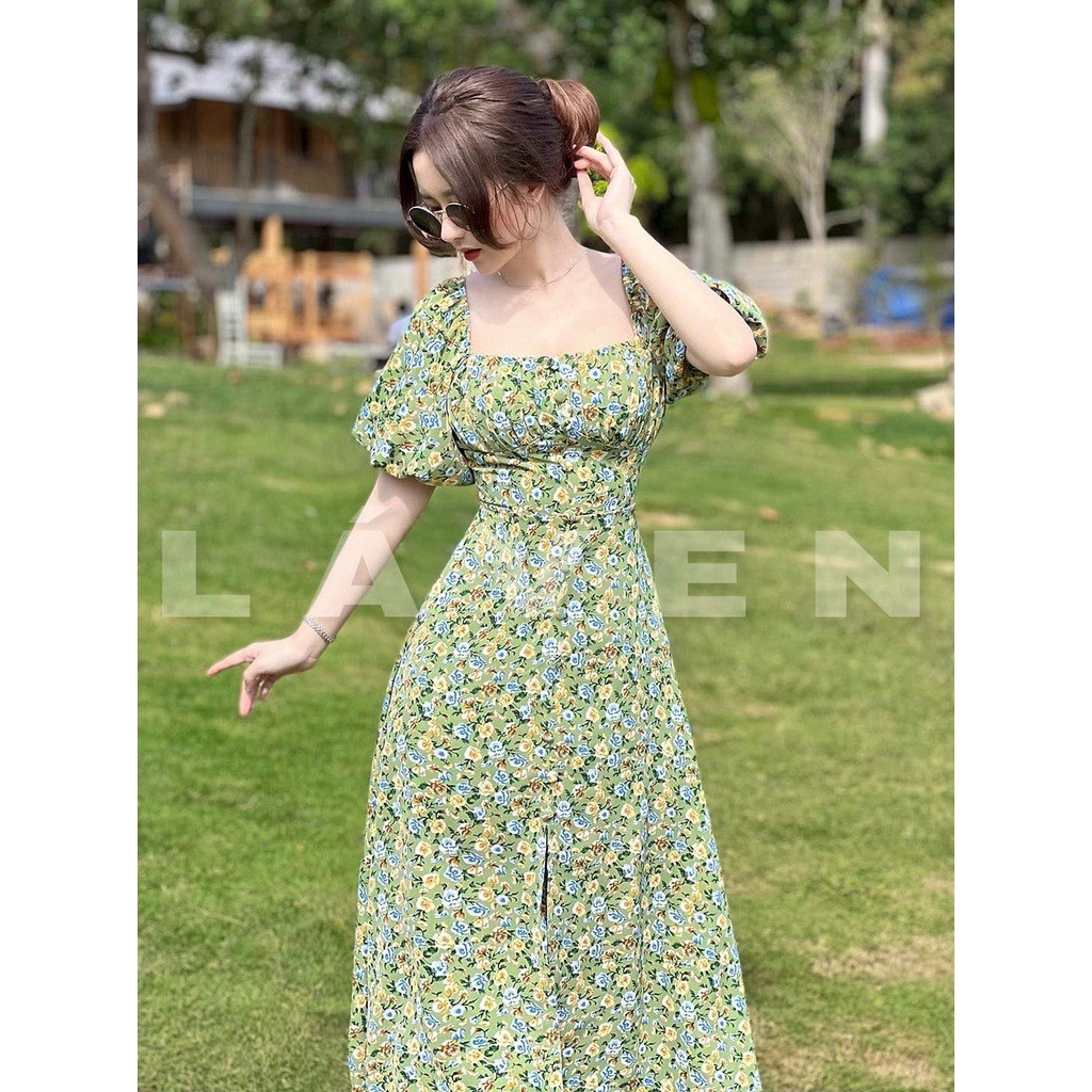 Đầm midi dự tiệc,đầm váy hoa xẻ tà dáng dài qua gối thiết kế cổ vuông tay phồng tiểu thư chảnh thời Trang NANa