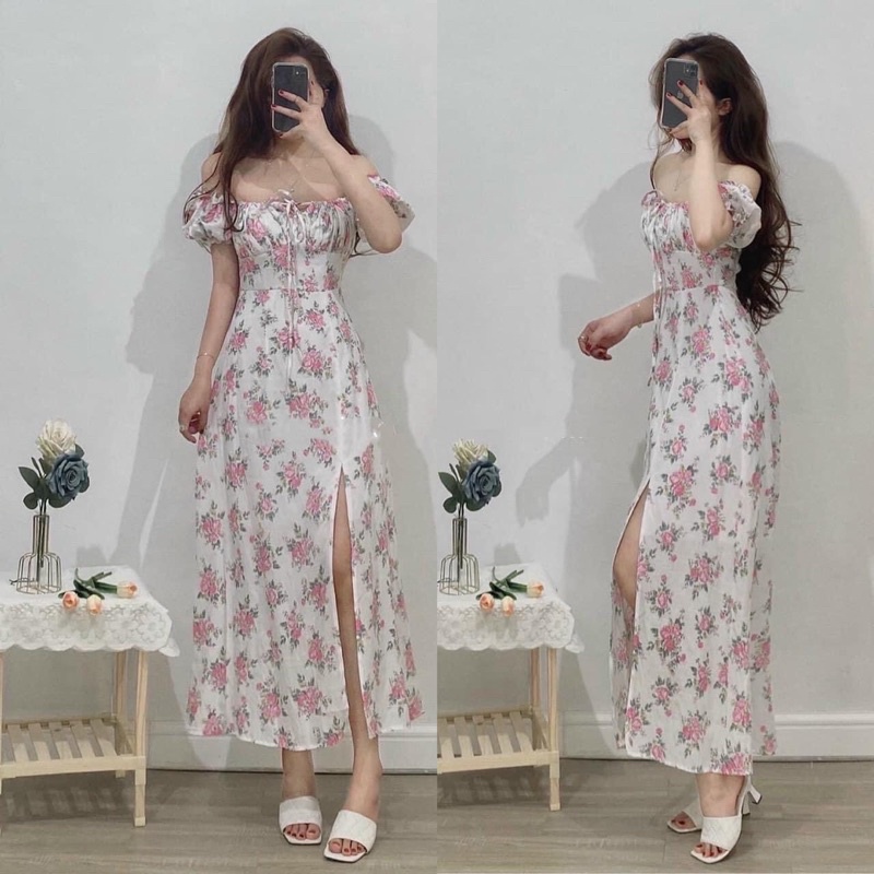 Đầm maxi hoa xanh xẻ tà tay phồng nhún ngực đi biển du lịch NÀNG CLOSET