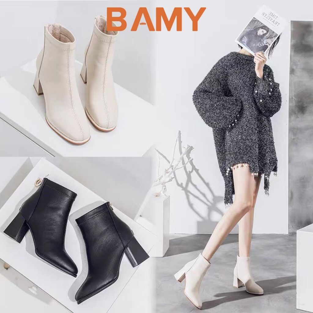 Bốt nữ da mềm Cao Cấp cổ cao khóa sau BAMY , giày boots ulzzang mũi vuông gót vuông 5 phân