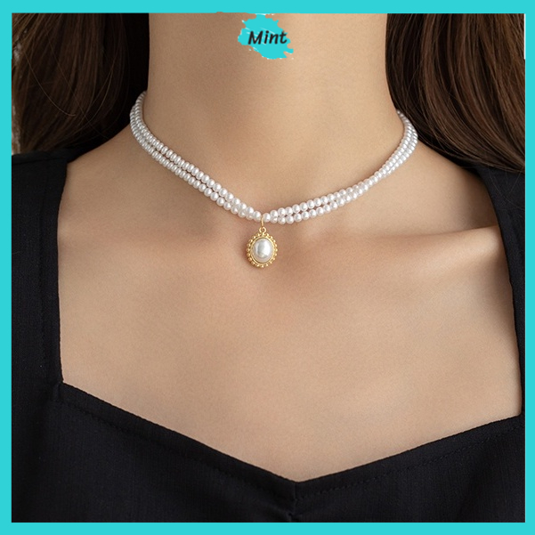 Dây Chuyền Nữ ❤️FREESHIP❤️ Vòng Cổ Ngọc Trai Giả Đính Đá Mặt TrờI Khối Oval Phong Cách Bohemian - Dây Chuyền Hai Lớp