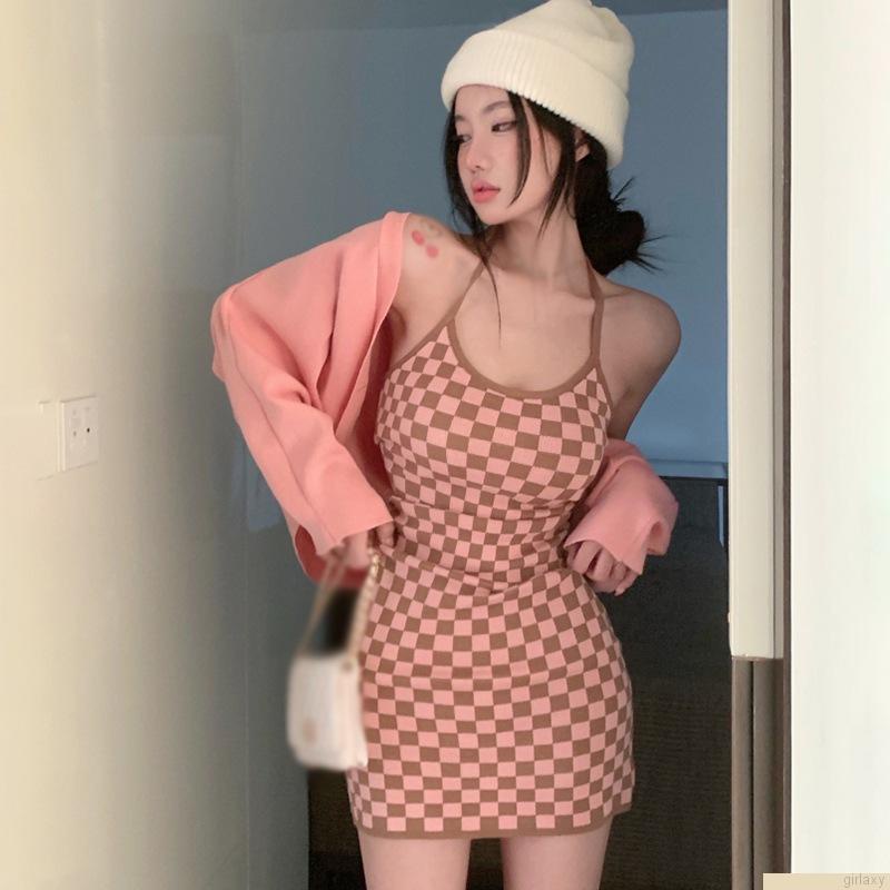 Đầm ngắn ôm dáng không tay in họa tiết caro phong cách Hàn Quốc quyến rũ cho nữ