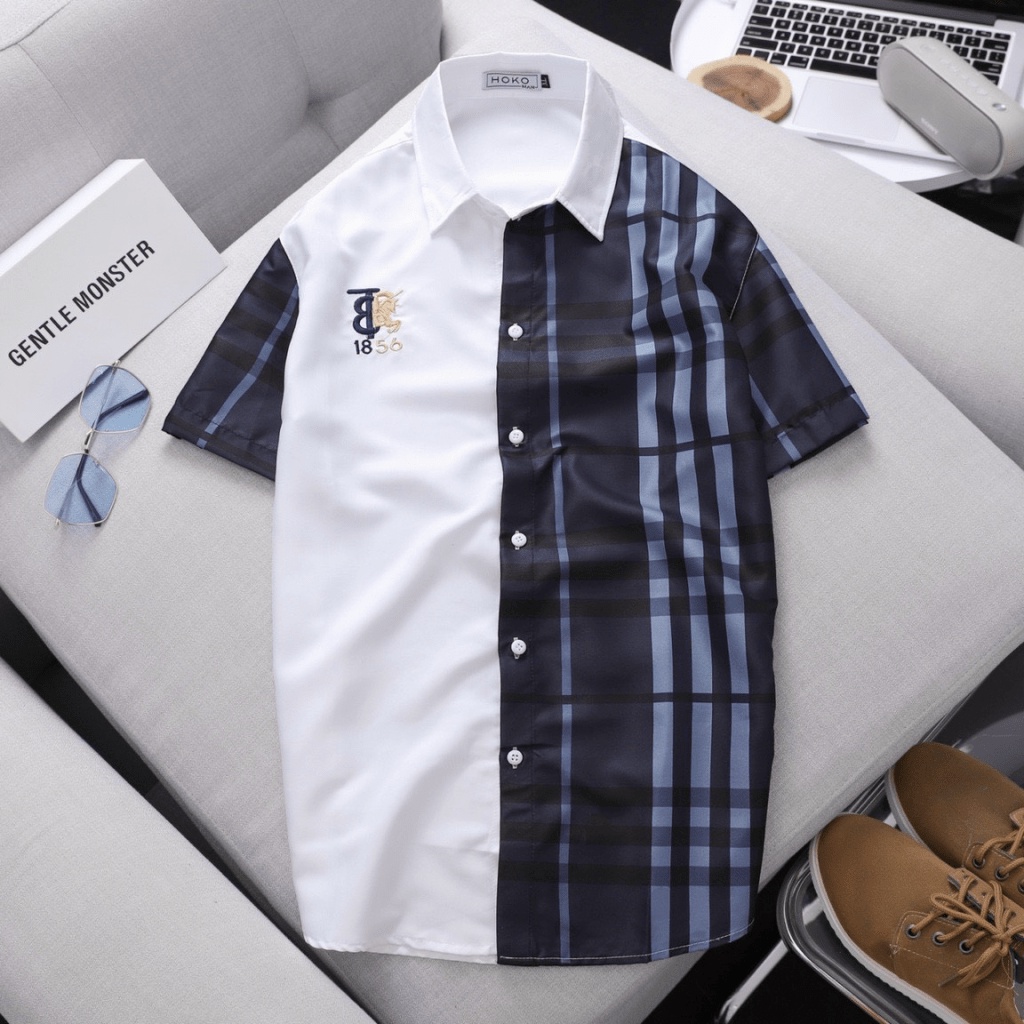 ÁO SƠ MI  NAM TAY NGẮN PHÓI HAI MÀU HỌA TIẾT SỌC ĐẸP SANG CÁ TÍNH