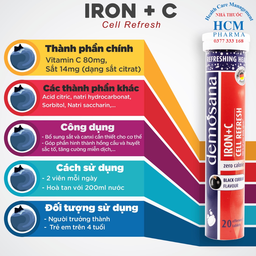 Vitamin C sủi Đức tăng sức đề kháng cho bé người lớn DEMOSANA INTACT không đường vị chanh cam lý chua đen DVN0238