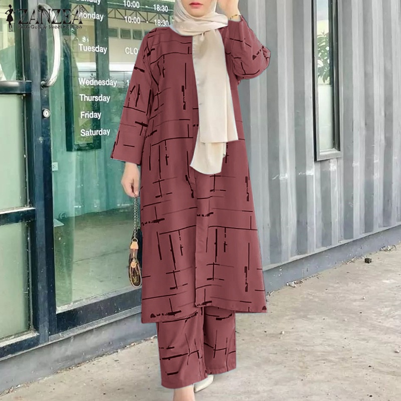 Set đồ ZANZEA gồm áo dài tay cổ tròn + quần dài xẻ tà thời trang cho nữ