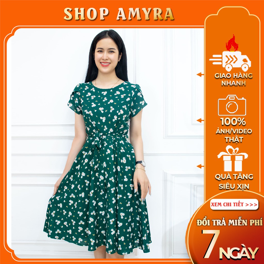 Đầm nữ thiết kế dáng xòe dây thắt lưng eo váy nữ trung niên công sở hoa cao cấp - AMYRA DA033