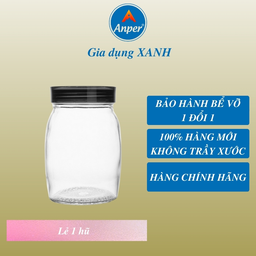 Hũ Thủy Tinh Anper 1.2L Tròn Có Nắp Cao Cấp Sang Trọng, Hộp Thuỷ Tinh Thực Phẩm đựng đường, hạt, đồ khô an toàn, sạch sẽ