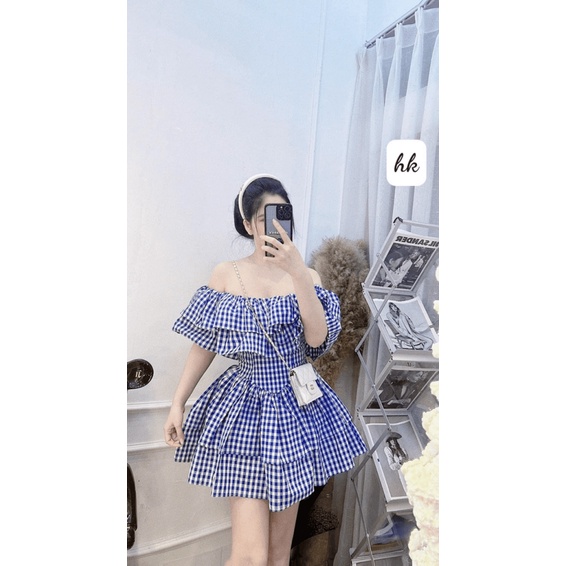 (Free Ship) Đầm Ford Caro Trễ Vai Xinh Tựa Tiên Nữ UP Valetina Shop