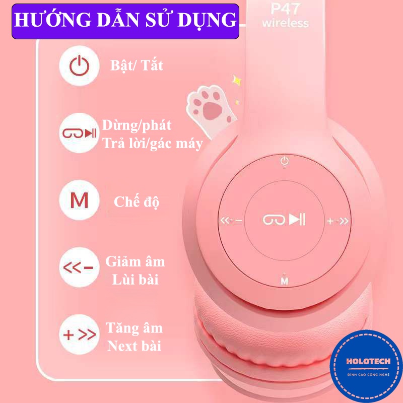 Tai Nghe Bluetooth Tai Mèo HOLOCOM P47M Có Đèn Led Nhiều Màu Xinh, Tai Nghe Chụp Tai Không Dây Có Mic Và Khe Cắm Thẻ Nhớ