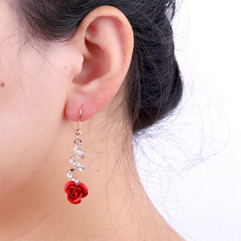 Bông tai nữ dáng dài M003/ khuyên tai nữ hoa hồng đỏ