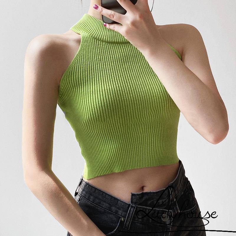Áo Croptop Không Tay Cổ Tròn Màu Trơn Có Gân Cho Nữ