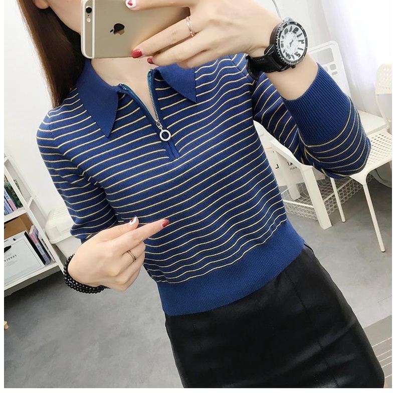 【ZHELIHANGFEI】Áo POLO Dệt Kim Tay Dài Lưng Cao Họa Tiết Kẻ Sọc Dễ Phối Đồ