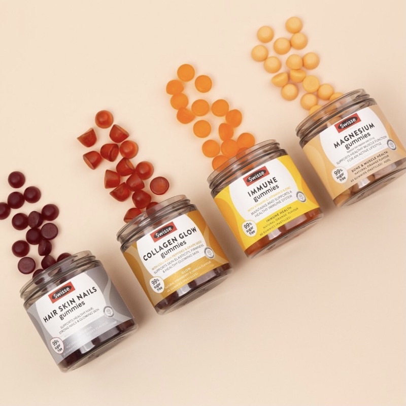 Tổng hợp Kẹo Gummies Swisse: Hair Skin Nails Swisse 50 viên, Collagen Glow 45 viên và Immune 60 viên