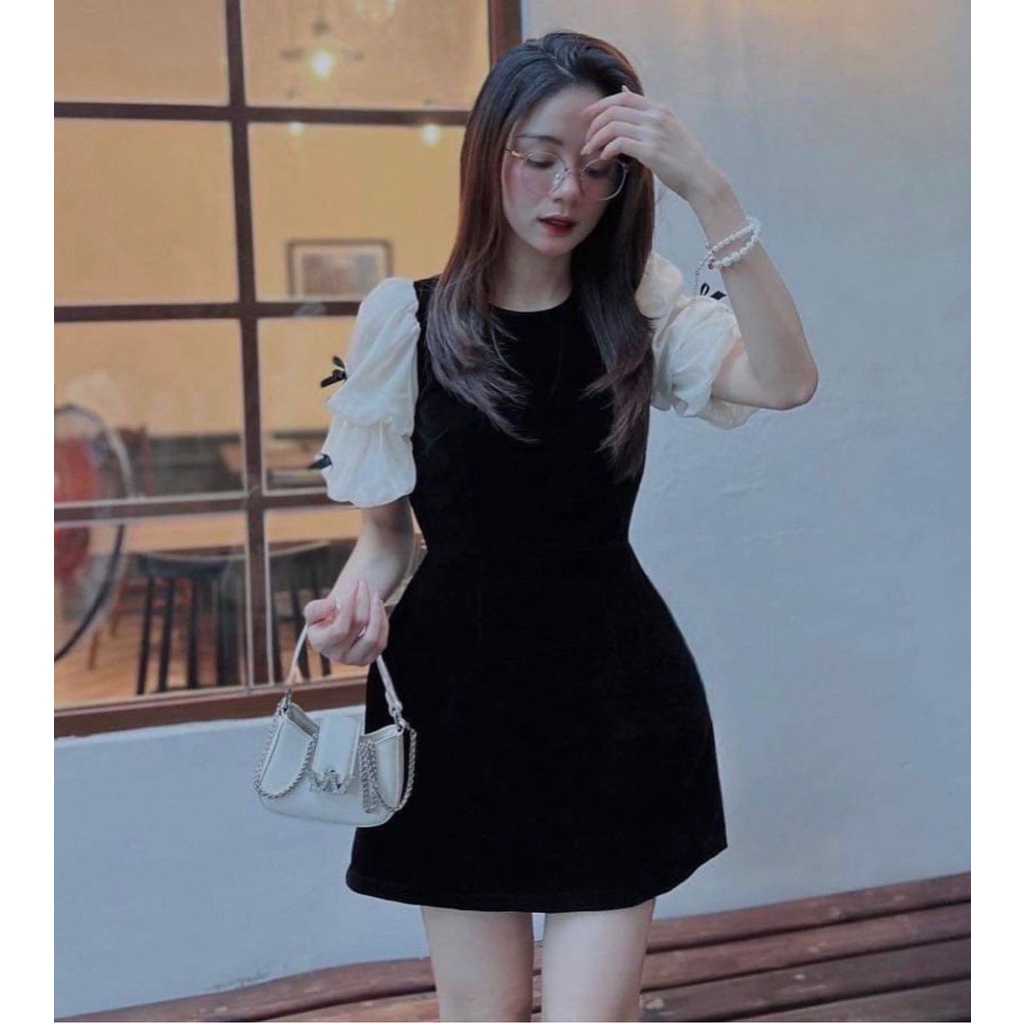 Váy nhung cộc tay bồng dáng xuông nhẹ nhàng phối tay voan đính nơ Kozoda D89
