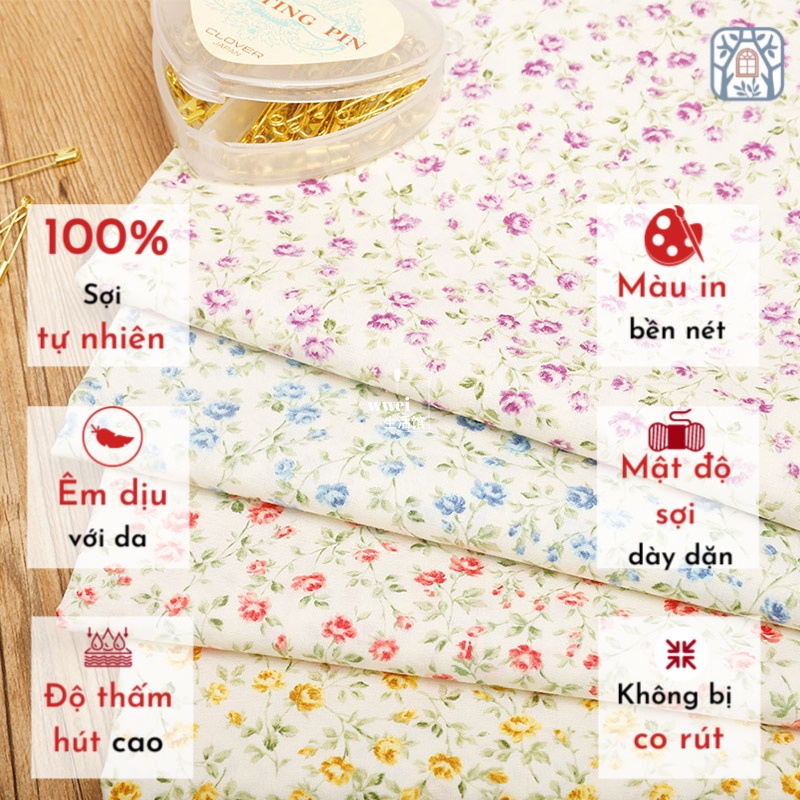 Vải cotton 100% tự nhiên 🍒Chuanshui🍒 khổ vải 110cm,hoa nhí 4 màu- vải đẹp handmade, quilt, may quần áo, túi, mũ cao cấp