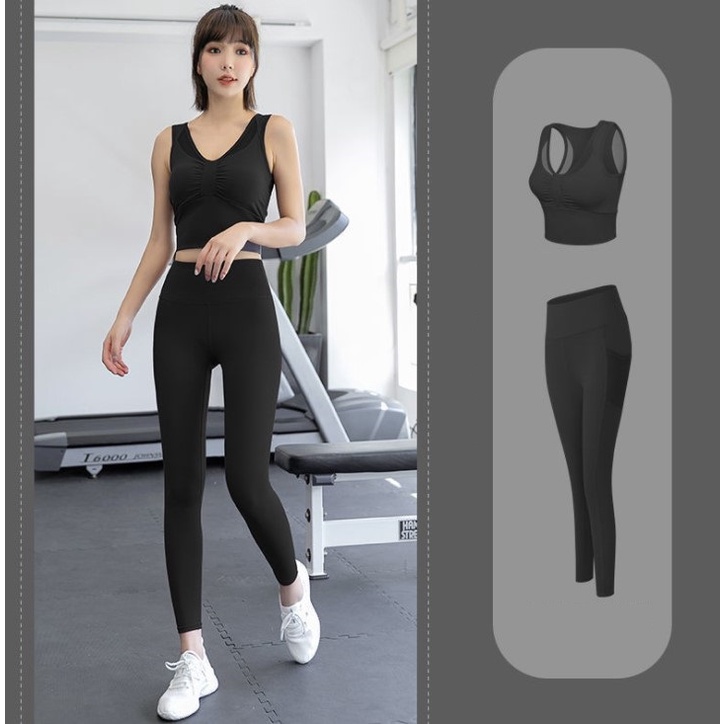 Bộ đồ tập gym nữ, áo bra có mút đệm 4 nấc cài và quần dài tôn dáng, ôm body