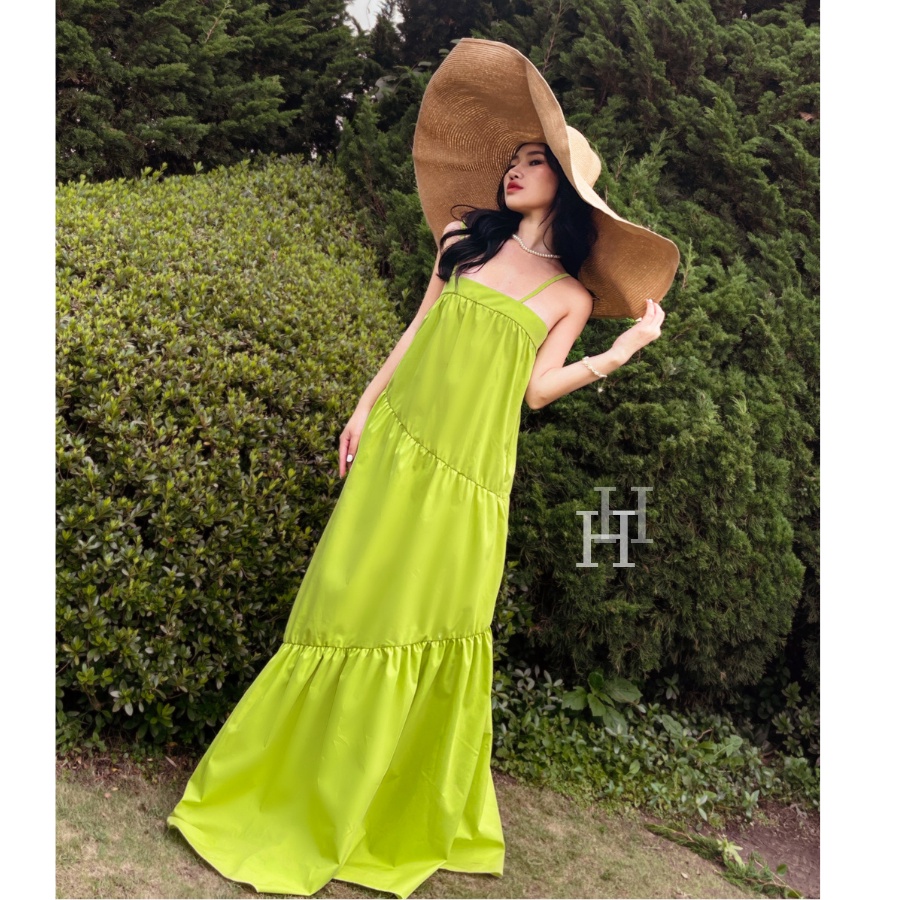 Đầm Babydoll hai dây dài, Váy maxi rộng đi biển màu xanh neon HDC105 Hỉn Hỉn Store