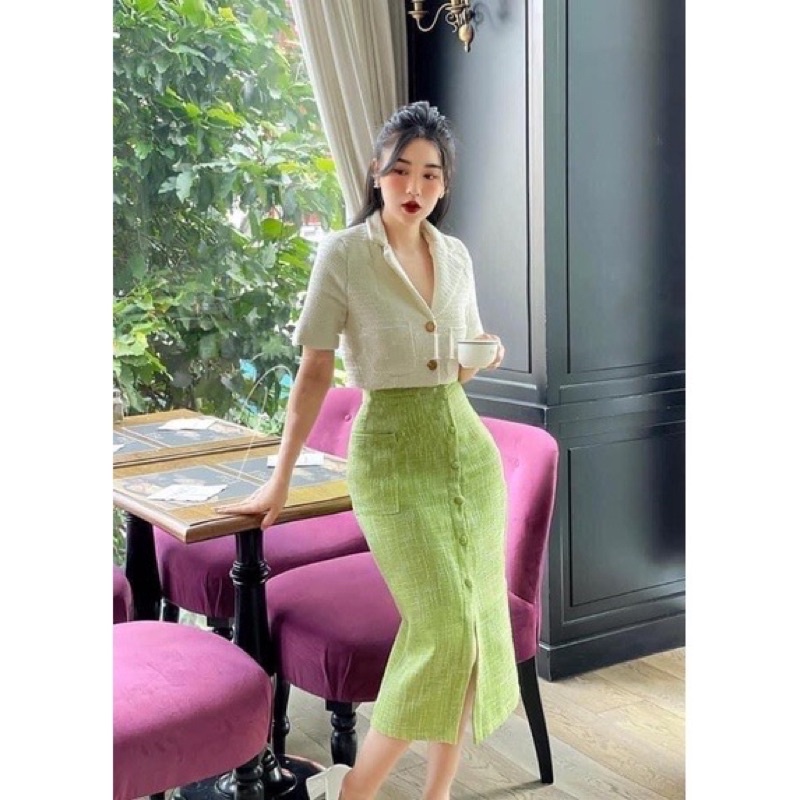 Set áo váy công sở sang chảnh áo vest croptop + chân váy bút chì
