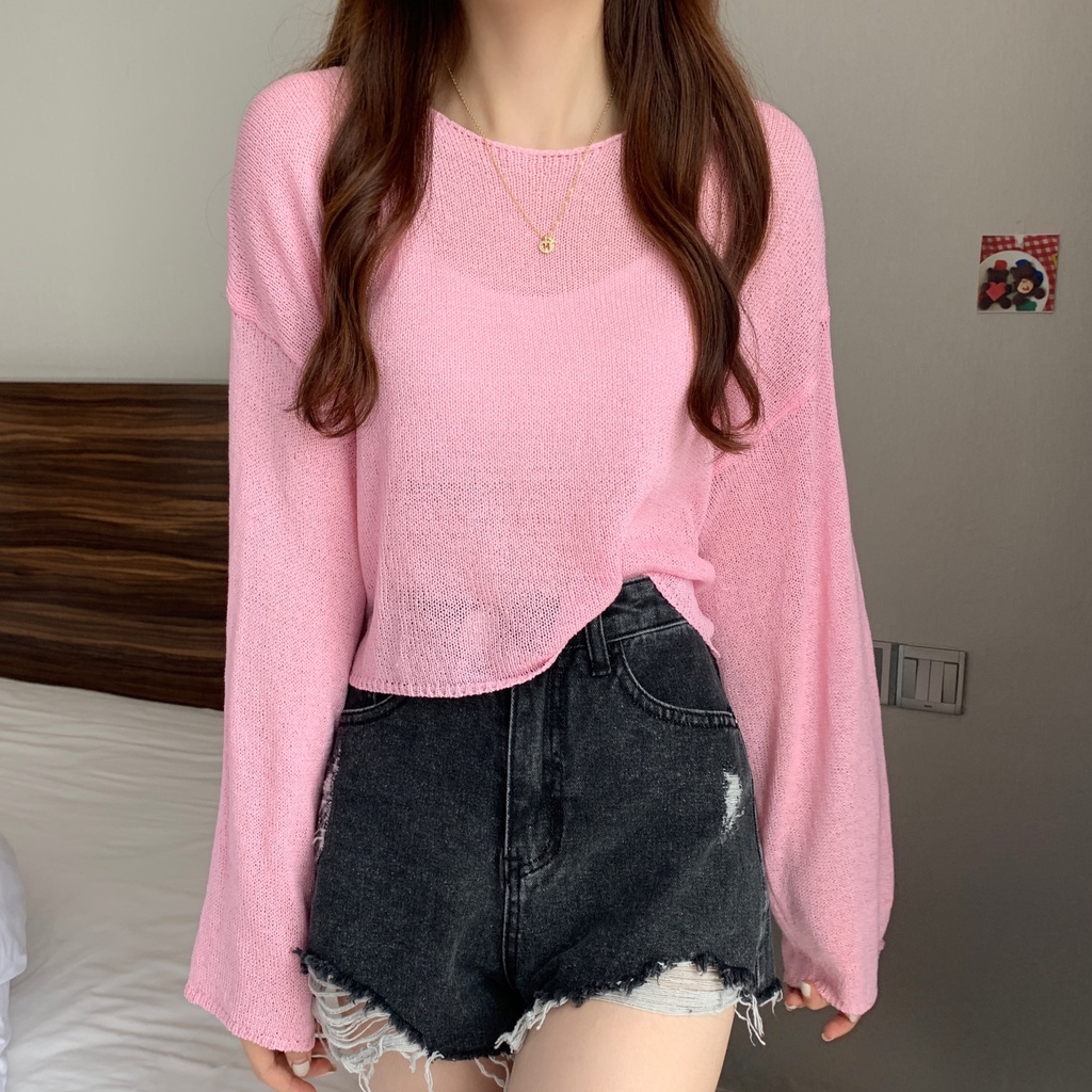 SUXI Áo Dệt Kim Tay Dài Dáng Rộng Màu Sắc Đơn Giản Dễ Phối Đồ Dành Cho Nữ