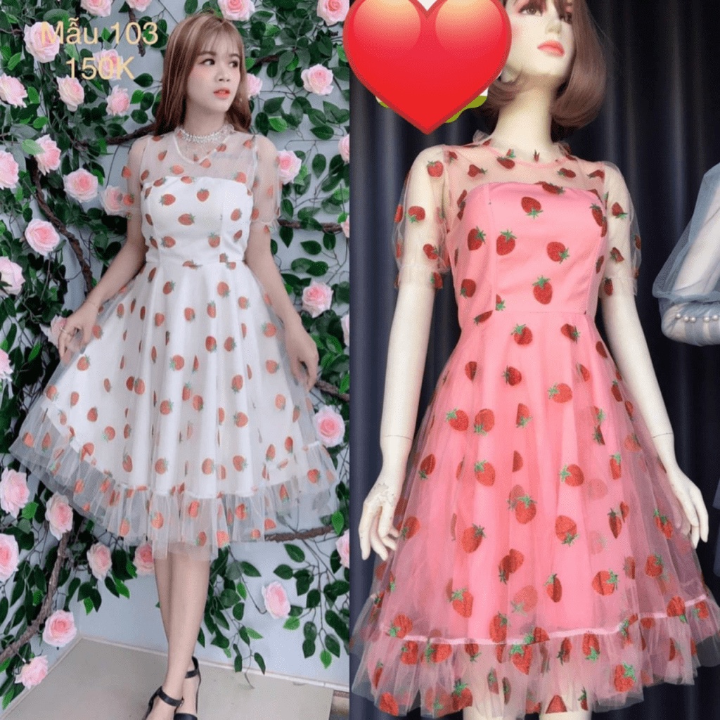 (Free ship) Xả lỗ Mẫu Đầm Lưới In Quả Dâu Có Lót Lụa Siêu Dễ THương UP HHP Fashion