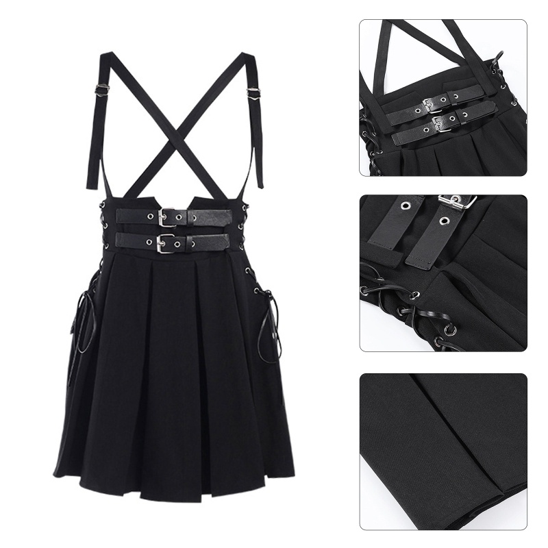 XIXI Chân váy lưng cao phối thắt lưng thiết kế xếp ly phong cách gothic