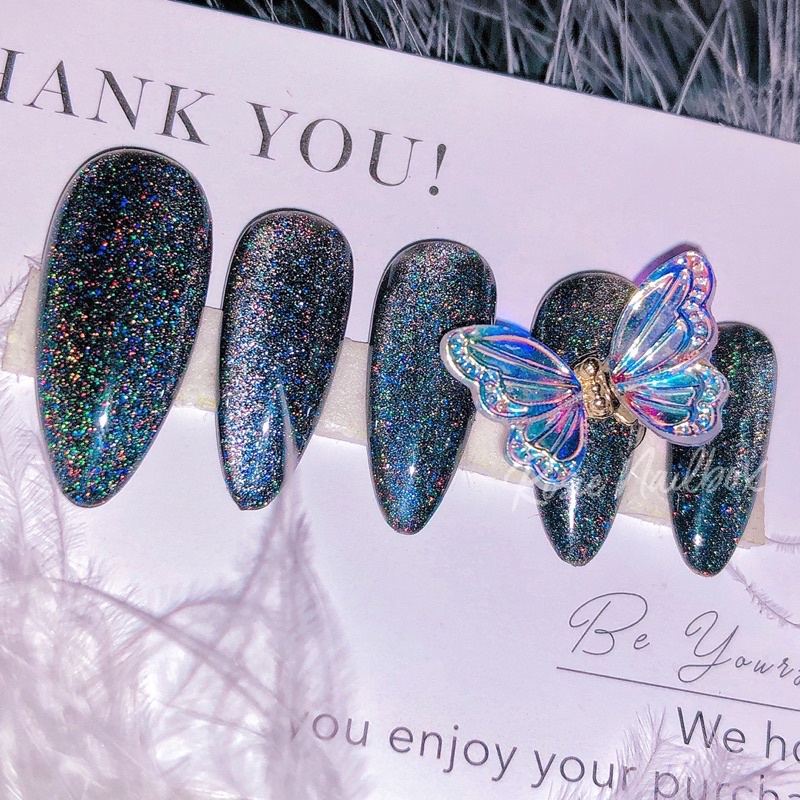 Móng úp màu mắt mèo cầu vồng đen sang chảnh phối nơ lấp lánh xinh cực kèm keo và dũa