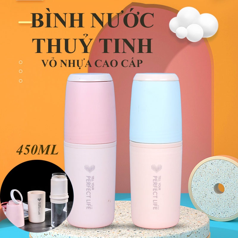 Bình nước giữ nhiệt 450ml lõi thủy tinh bọc vỏ nhựa chống va đập [ GIAO MÀU NGẪU NHIÊN]