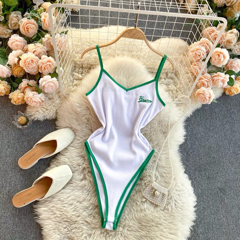 Bodysuit nữ thêu chữ viền xanh phong cách thể thao BB07 | BigBuy360 - bigbuy360.vn