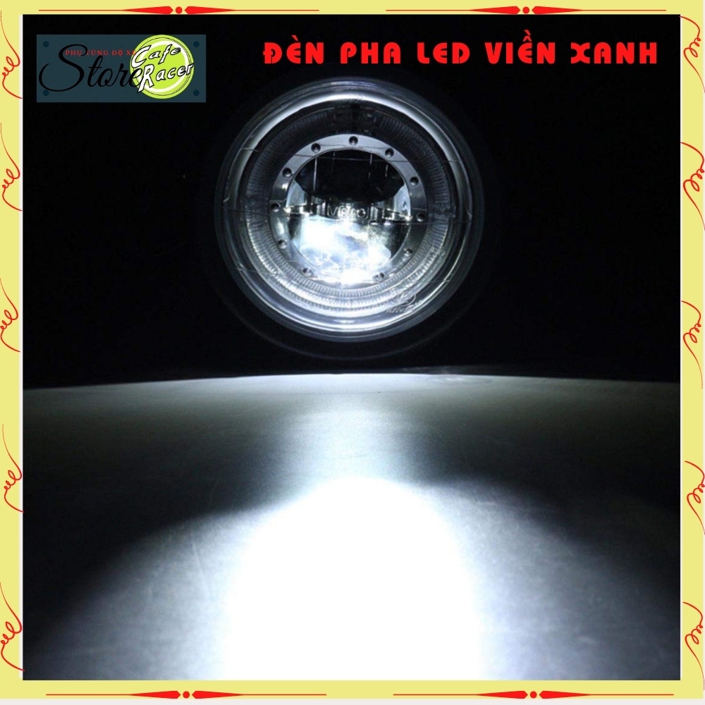 Đèn pha led viền xanh và bộ pat lắp đèn pha vào phuộc, gáo sắt sơn tĩnh điện, mặt kính ,bóng led siêu sáng