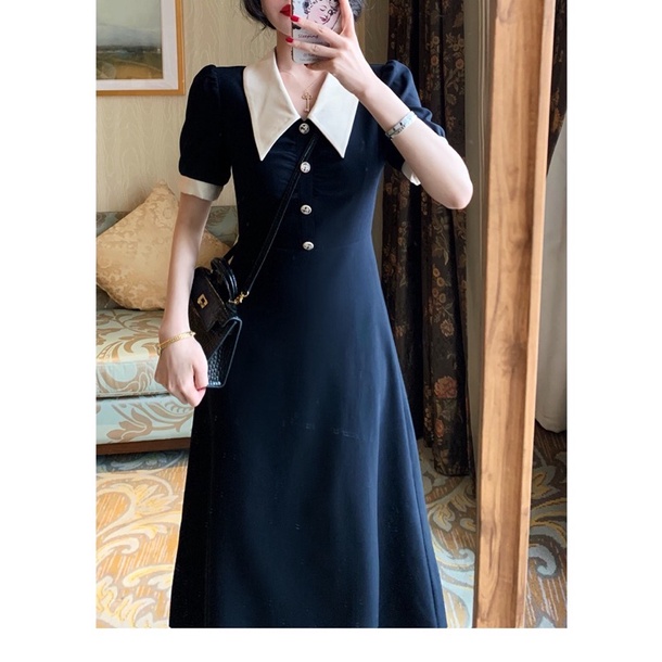 Đầm Váy Midi Đen Cổ Sen Phối Trắng Mặc Đi Làm Đi Chơi