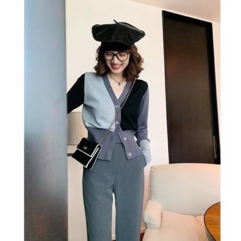 Áo cardigan len tay dài kiểu nữ hai màu viền mùa đông - Order taobao quảng châu