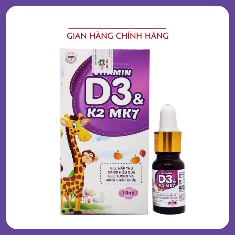 Vitamin D3 K2 Mk7 nhỏ giot giúp bé hấp thụ tăng trưởng chiều cao, cân nặng, chống còi xương, Suy dinh dưỡng - lọ 10ml