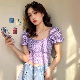 ☻32932 Retro Time Girl Puff Tay Nút Trước Một Vai Cao Cấp Kẻ Sọc Phong Cách Ngắn Nút Nửa Tay Áo Sơ Mi