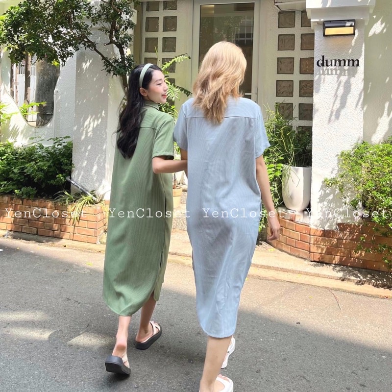 [Freeship] Hình shop chụp - Đầm suông sơ mi sọc cổ bẻ