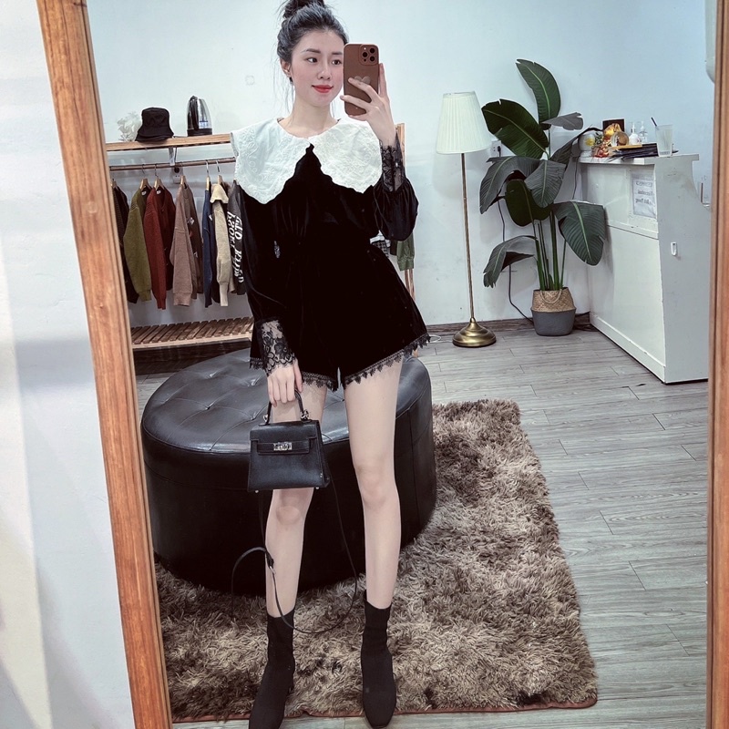 Áo nhung cổ ren to