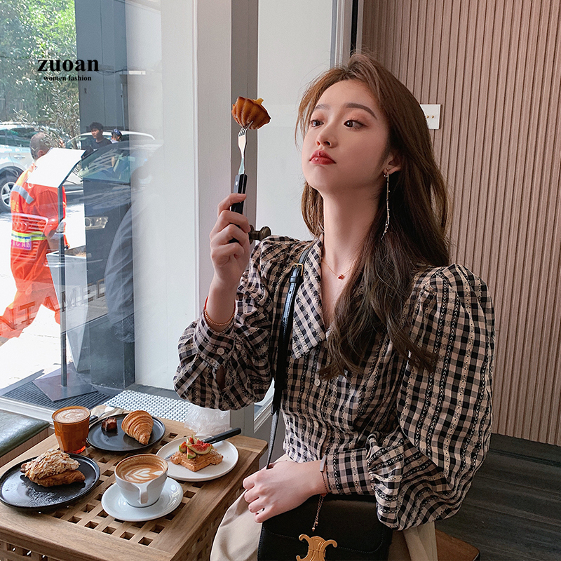 SUXI Áo kiểu tay phồng dài cổ búp bê kẻ sọc ca rô phong cách retro dành cho nữ