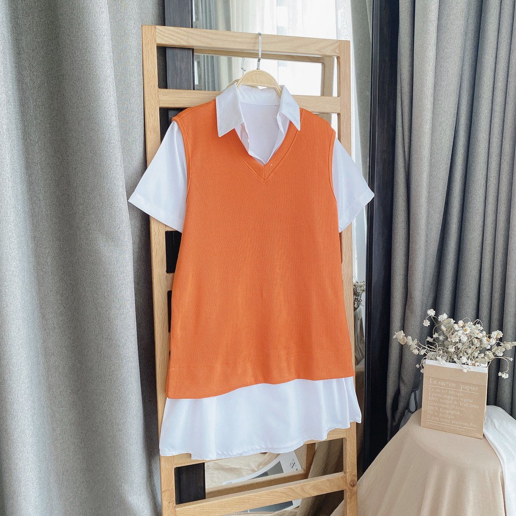 Set sơ mi giấu quần phối áo gile len cam | BigBuy360 - bigbuy360.vn