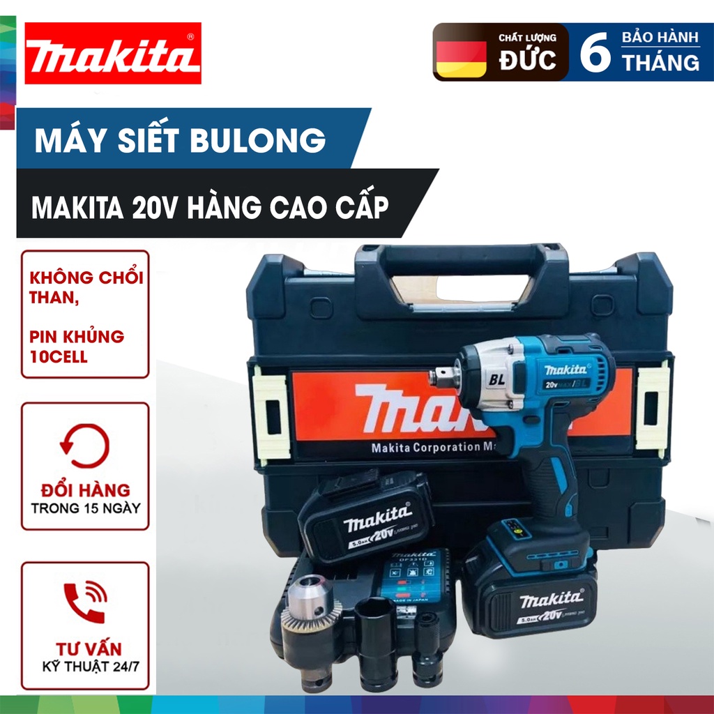 Máy khoan pin, máy siết bulong Makita 20V Hàng cao cấp động cơ không chổi than, 3 đèn led trợ sáng