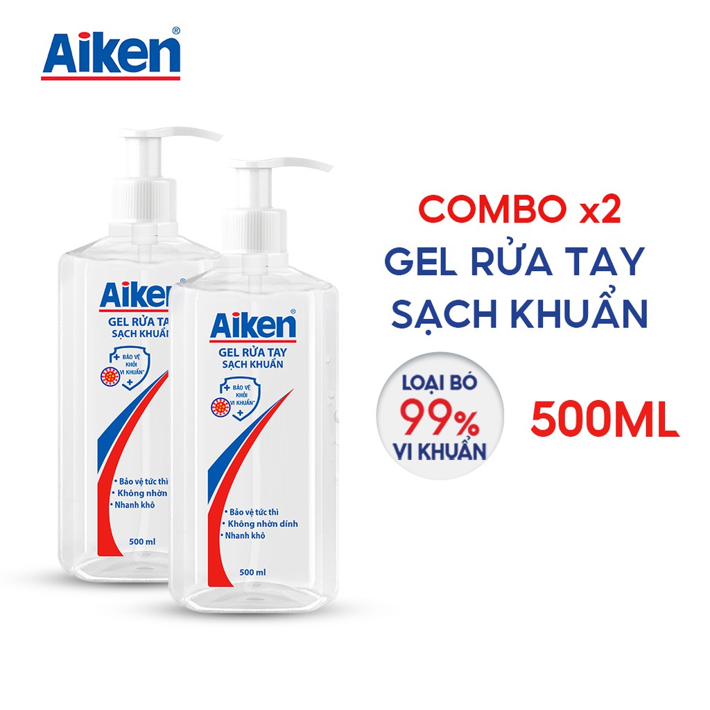 [Mã COSBDAG5 giảm 8% đơn 150k] Aiken Combo 2 Gel rửa tay Sạch khuẩn 500ml/chai Dạng vòi