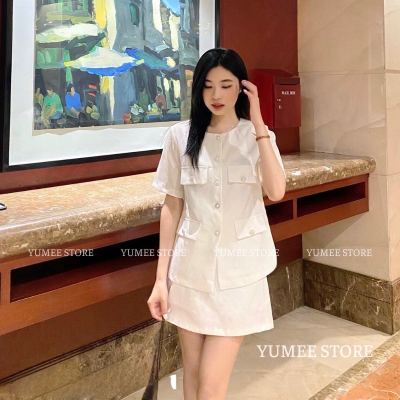 Set áo vest cúc ngọc tiểu thư kèm chân váy A cao cấp có đệm vai - YUMEE