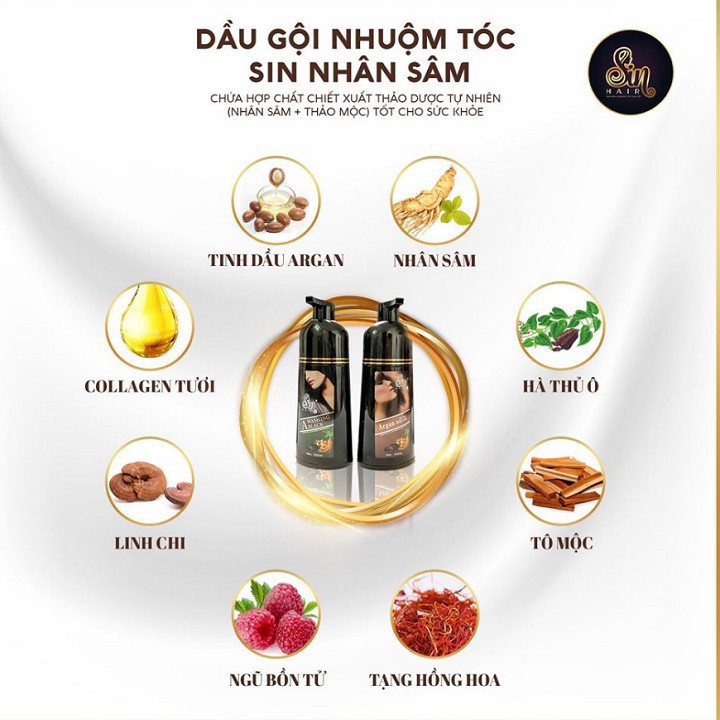 [CHÍNH HÃNG] Dầu Gội Phủ Bạc Sin Hair, Phủ Bạc Đen Tóc, Nâu Tóc Từ Lần Gội Đầu Tiên, 100% Thảo Dược Thiên Nhiên