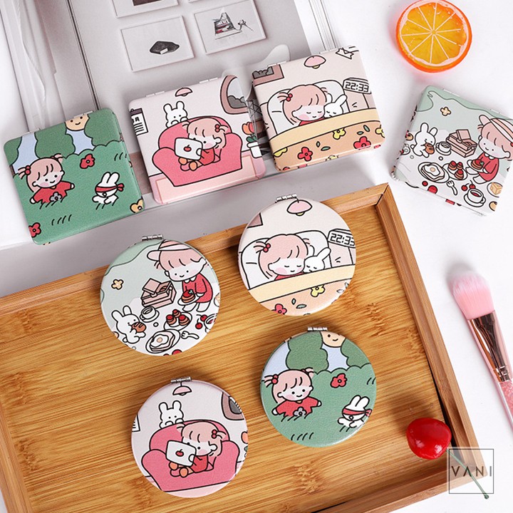 Gương Cầm Tay Mini Gấp Gọn Hình Vuông Hình Tròn Kiểu Chibi Siêu Đáng Yêu - Vani Store