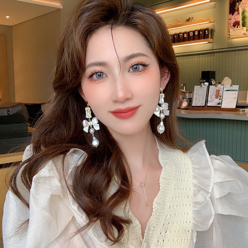 Bông Tai Mạ Bạc 925 Hình Nơ Đính Kim Cương Giả Phong Cách Hàn Quốc