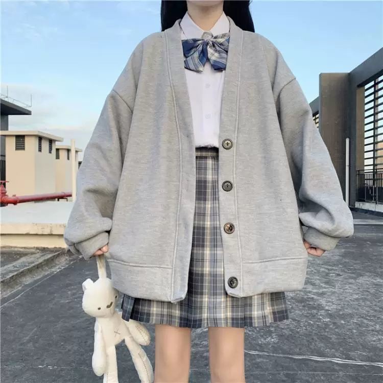 Áo khoác cardigan dáng rộng phối nút phong cách preppy xinh xắn