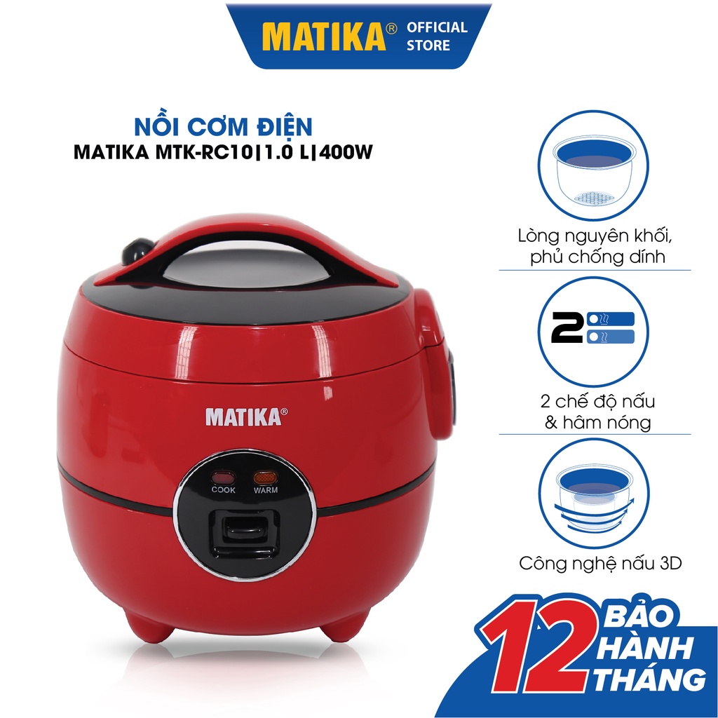 [Mã BMBAU300 giảm 10% đơn 499K] [Mã ELHADEV giảm 4% đơn 300K] Nồi Cơm Điện MATIKA 1L MTK-RC10