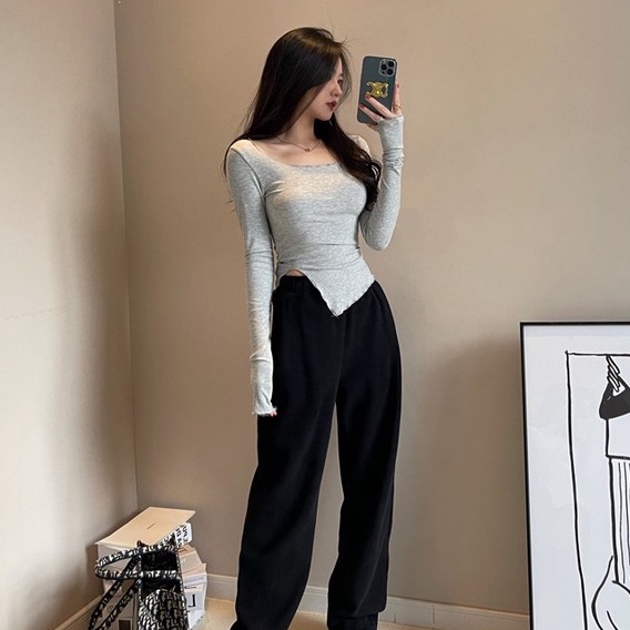 Áo croptop dài tay nữ xẻ vạt Wikishop màu đen trắng ghi freesize form ôm sexy thun co giãn phong cách hàn quốc C497
