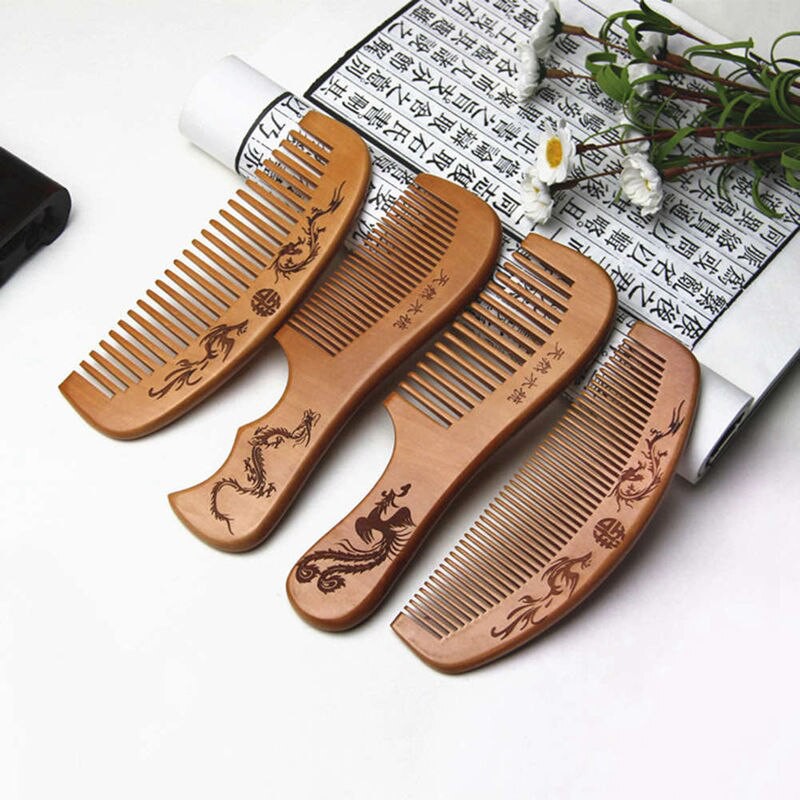 Mohanzi Lược Gỗ Đào Răng Thưa Chống Tĩnh Điện Mát Xa Tóc Tiện Dụng