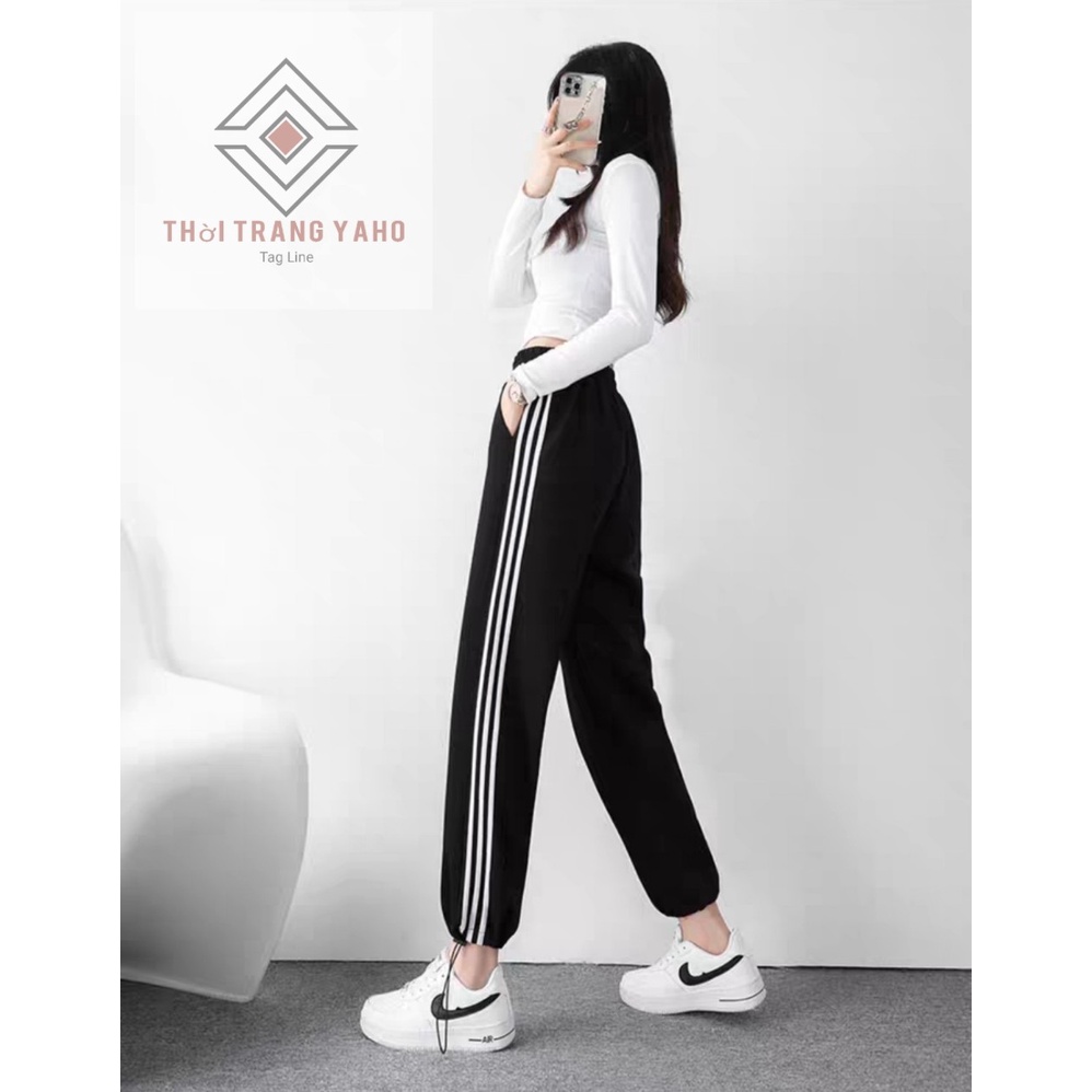 Quần thể thao nữ Jogger ống rộng bo chun gấu rút dây màu đen đi học sinh- Quần ống rộng 3 sọc trắng vải UMÌ hàn mặc làm