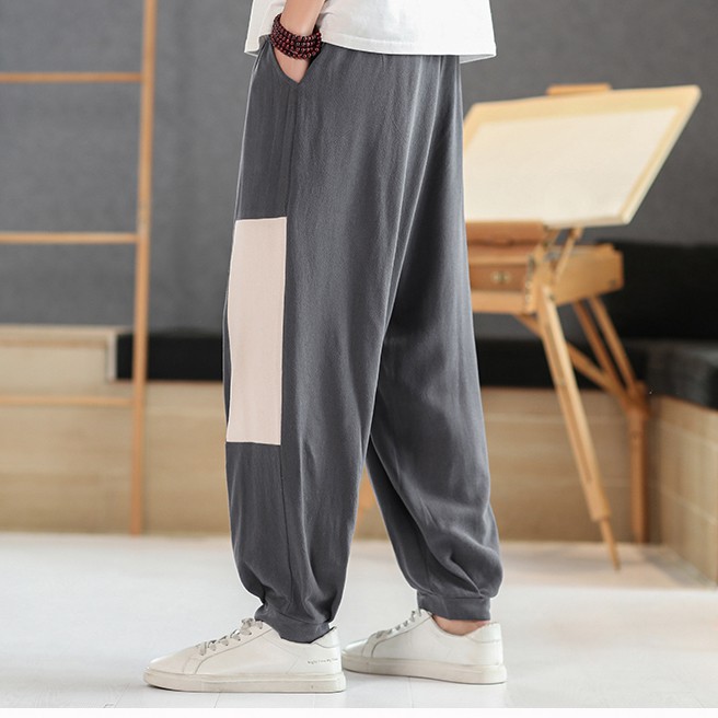 Quần Jogger Nam Chắp Vá Dáng Rộng Chất Liệu Thô Đũi