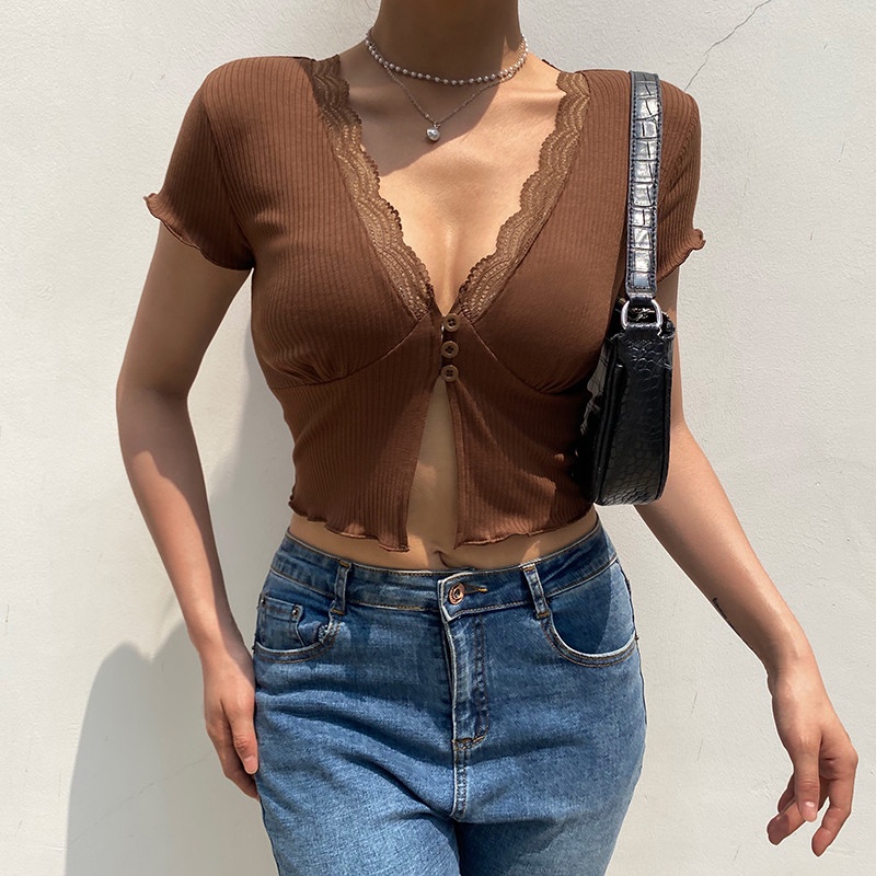 SUXI Ren khâu cổ chữ V Chia mỏng phù hợp với áo thun ngắn tay thời trang Hot Thời trang áo crop top