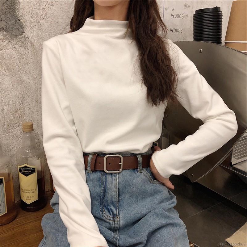 Áo Thun Cổ Lọ Màu Trơn Thiết Kế Tôn Dáng Dành Cho Nữ